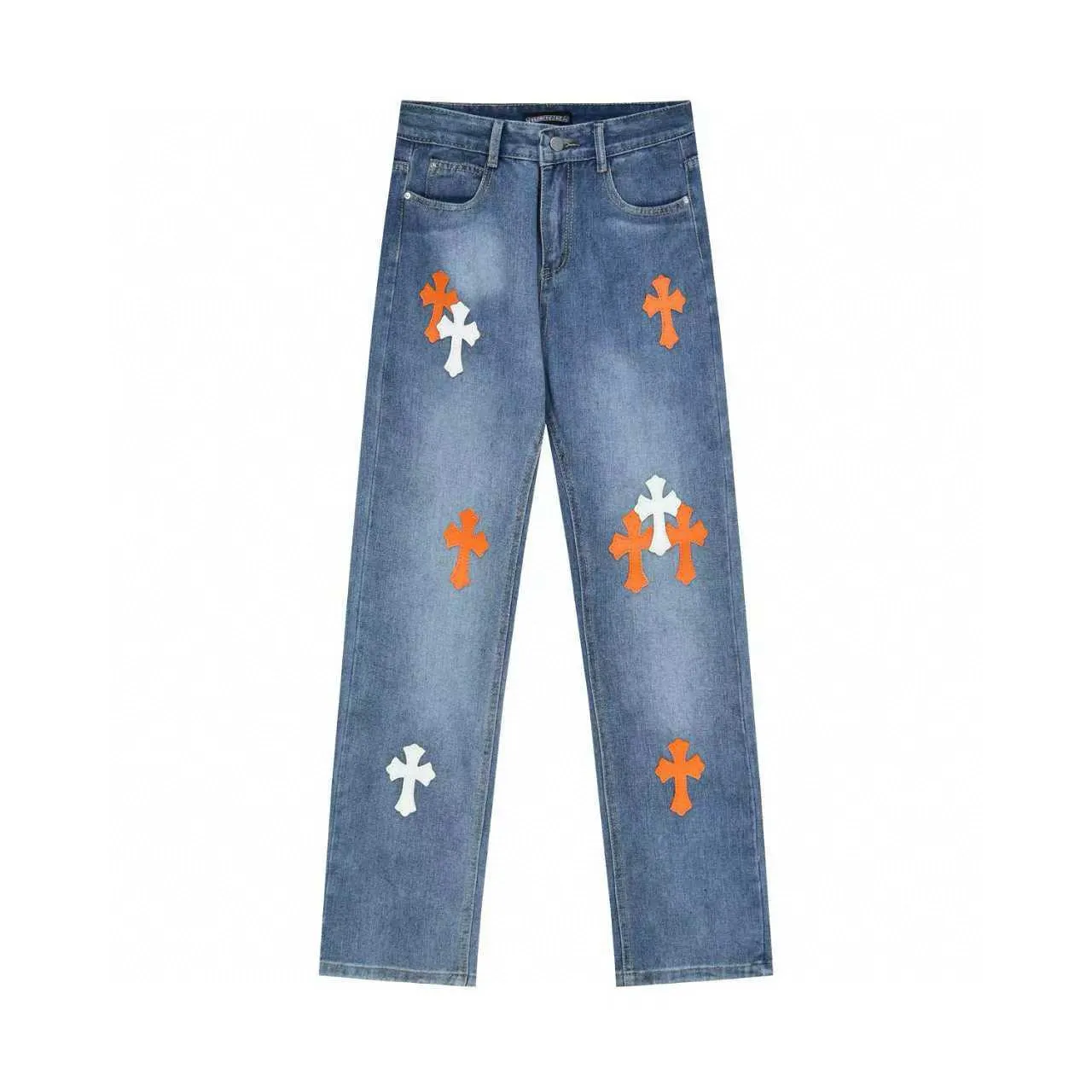P270 Chrome Hearts/Chrome Hearts Classic Color Leather Cross Washed Color Fabric Unisex Denim Trousers Color: Picture Color Code Number: 28-36
